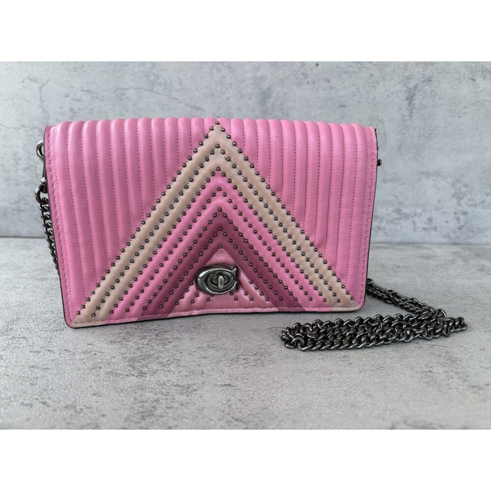 Coach Callie Pink Foldover Chain Clutch W/Colorblock Quilting & Rivets Crossbody